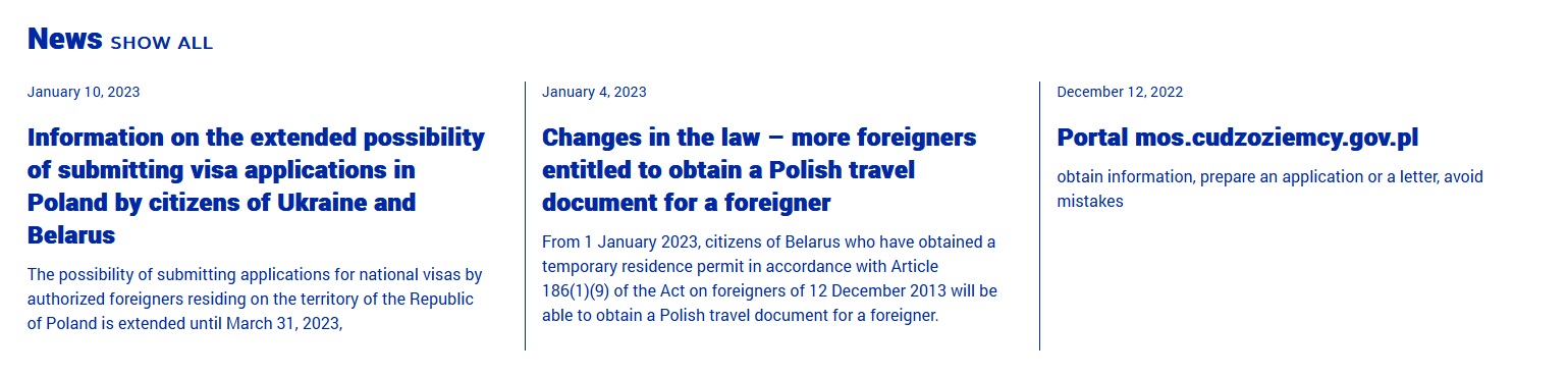 Zrzut ekranu ze strony mos.cudzoziemcy.gov.pl w języku angielskim