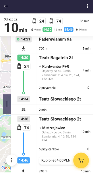 Zrzut ekranu z aplikacji Jakdojade - szczegóły trasy