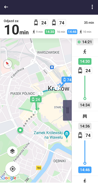 Zrzut ekranu z aplikacji Jakdojade - mapa trasy