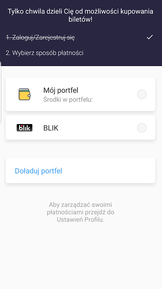 Zrzut ekranu z aplikacji Jakdojade - wybór sposobu płatności za bilet