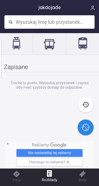 Zrzut ekranu z aplikacji Jakdojade - sprawdzanie rozkładu jazdy danego środka komunikacji miejskiej