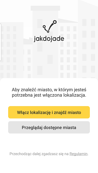 Zrzut ekranu z aplikacji Jakdojade - wybór lokalizacji