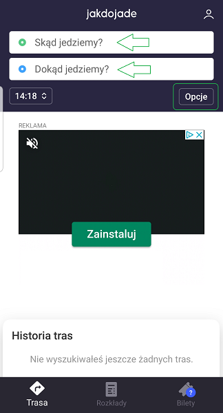 Zrzut ekranu z aplikacji Jakdojade - zakładka "Trasa"
