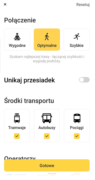 Zrzut ekranu z aplikacji Jakdojade - wybór opcji połączenia