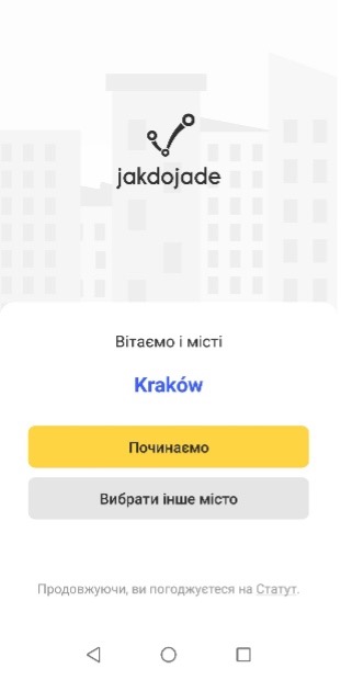 Скриншот із програми Jakdojade - вибір міста